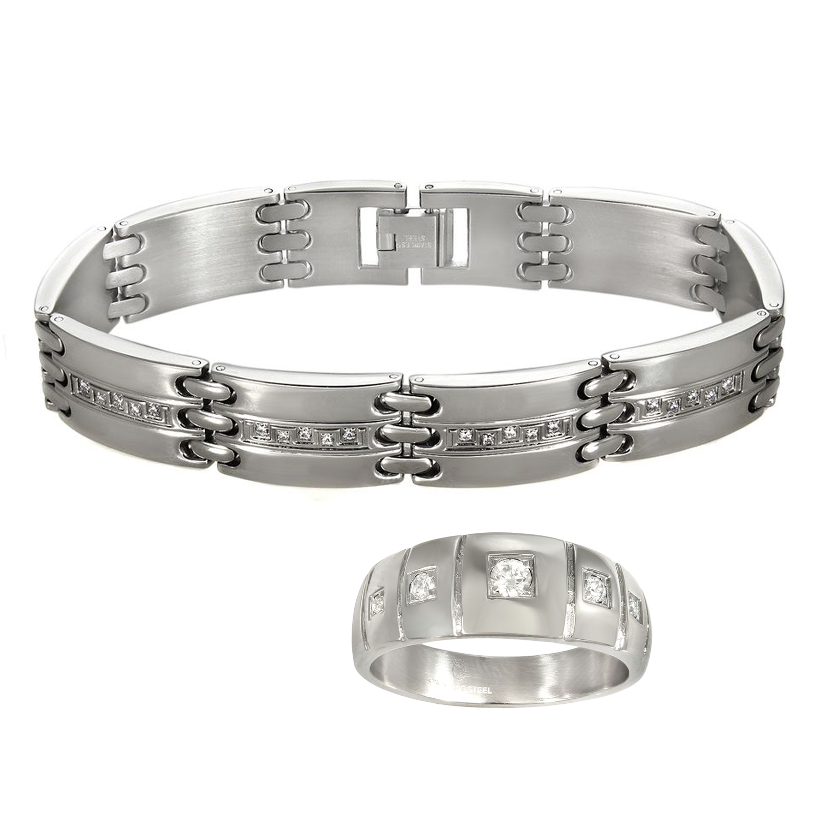 2 Piece Stainless Steel Cubic Zirconia Ring and Bracelet Set