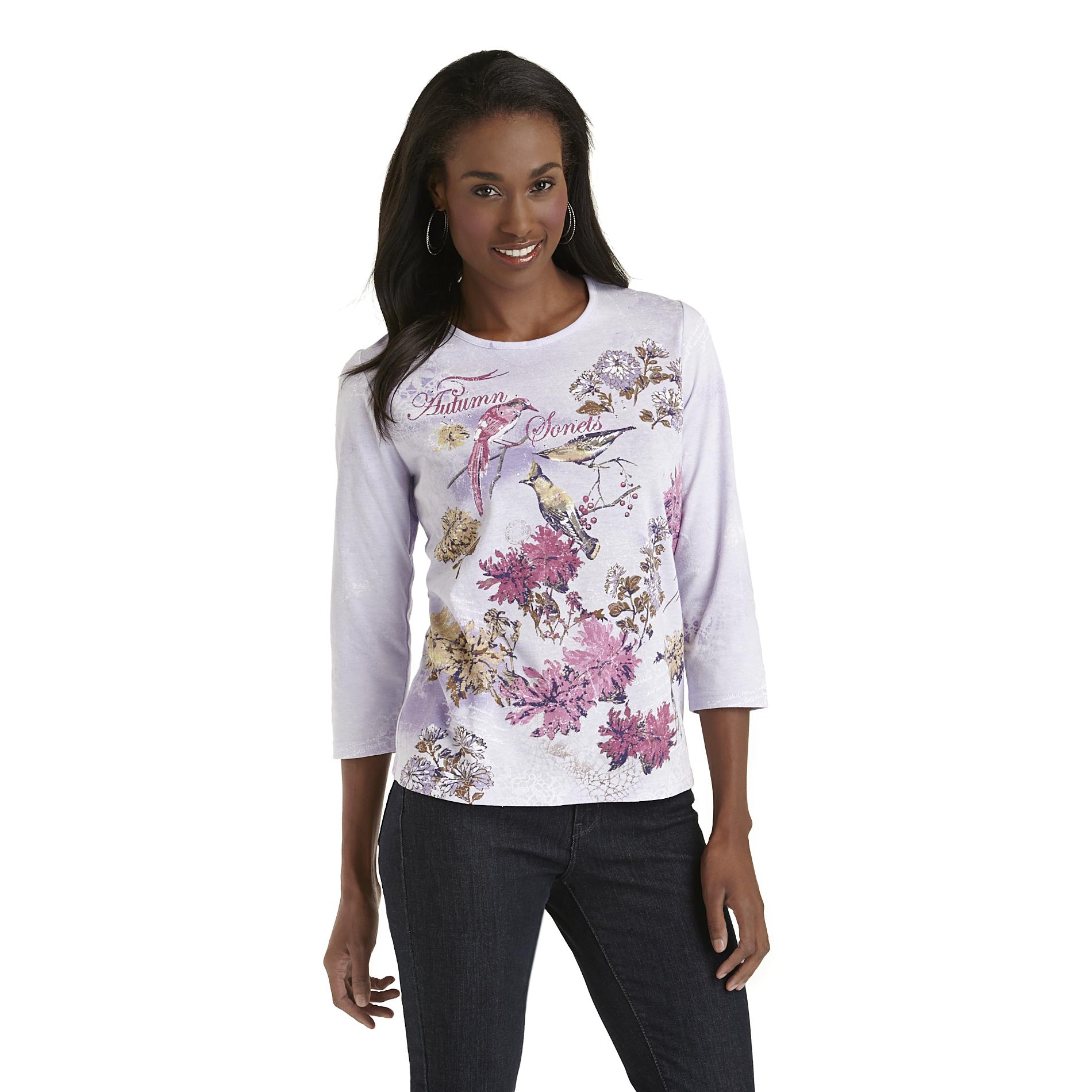 Basic Editions Women's Long-Sleeve Graphic T-Shirt - Floral/Birds