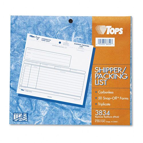 TOPS TOP3834 Triplicate Snap-Off Shipper/Packing List