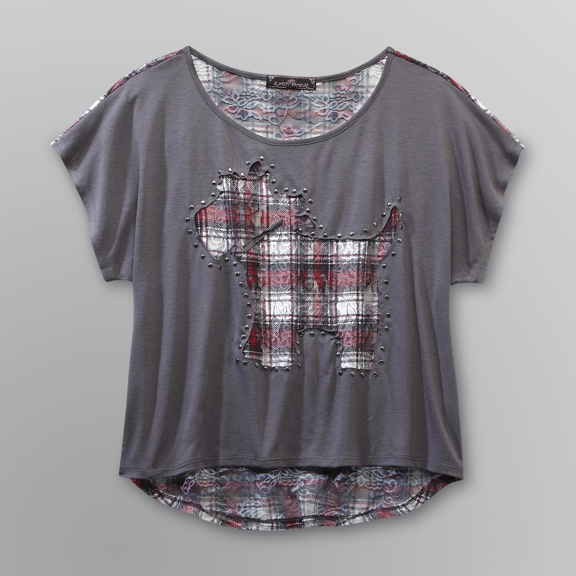 Almost Famous Junior's Lace Back TShirt Scottie Dog