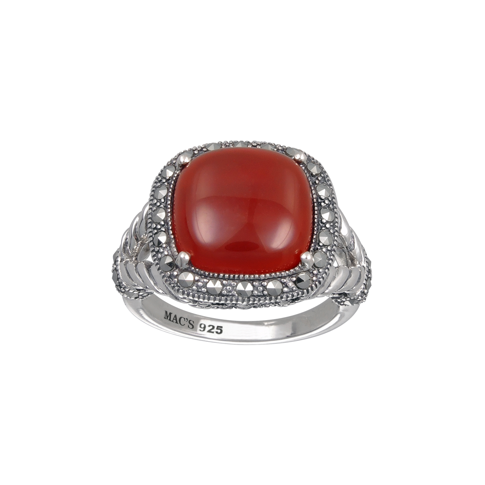 Mac's Cabochon Square Cut Red Agate & Marcasite Ring