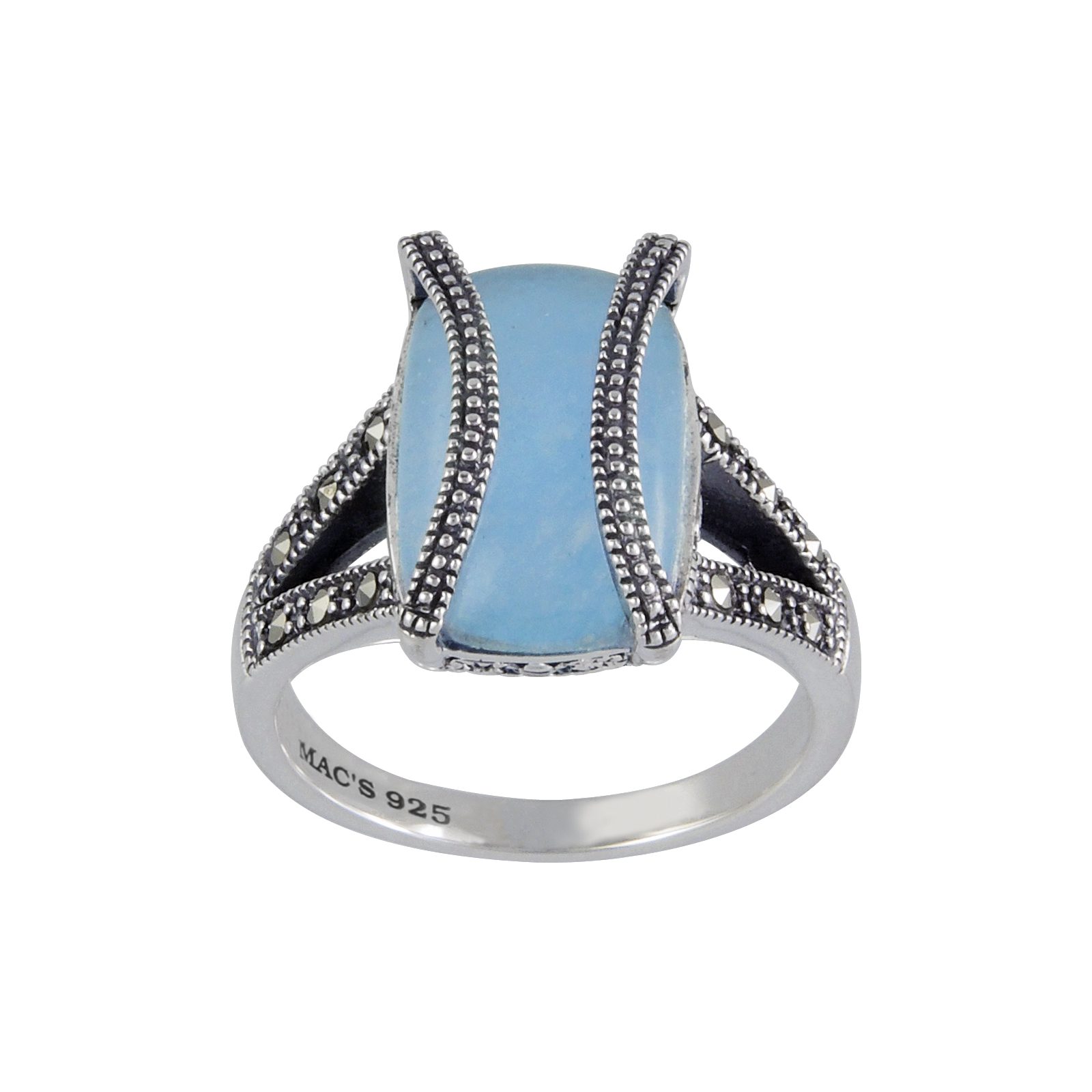 Mac's Cabochon Rectangular Cut Blue Jade & Marcasite  accented with doubled marcasite strip Ring
