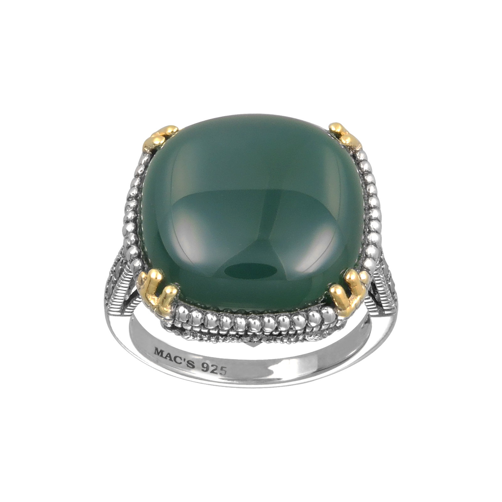 Mac's Cabochon Square Cut Green Agate & Marcasite  accented with 14K Yellow Gold Prong Ring