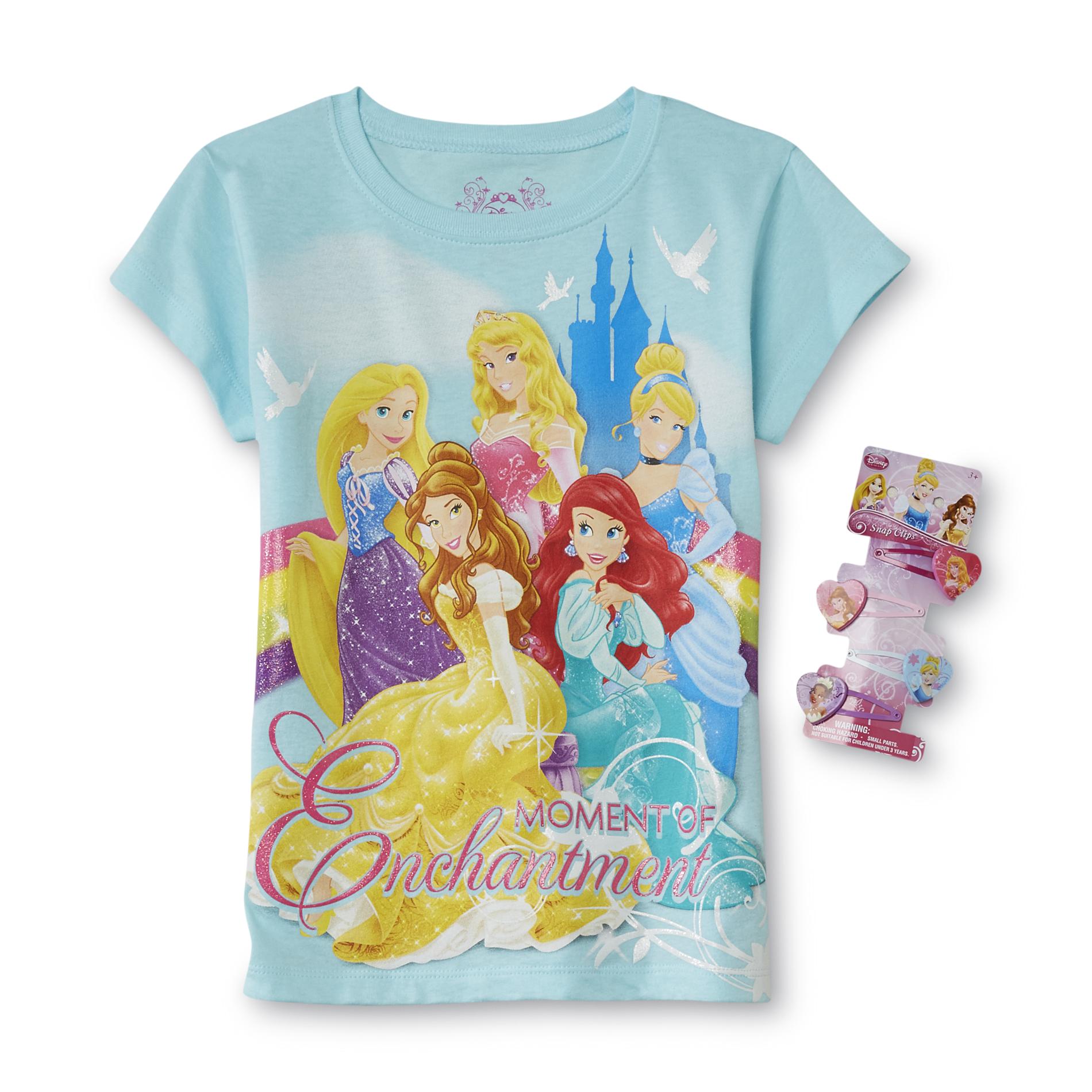 Disney Princess Girl's T-Shirt & 4-Pack Hair Clips