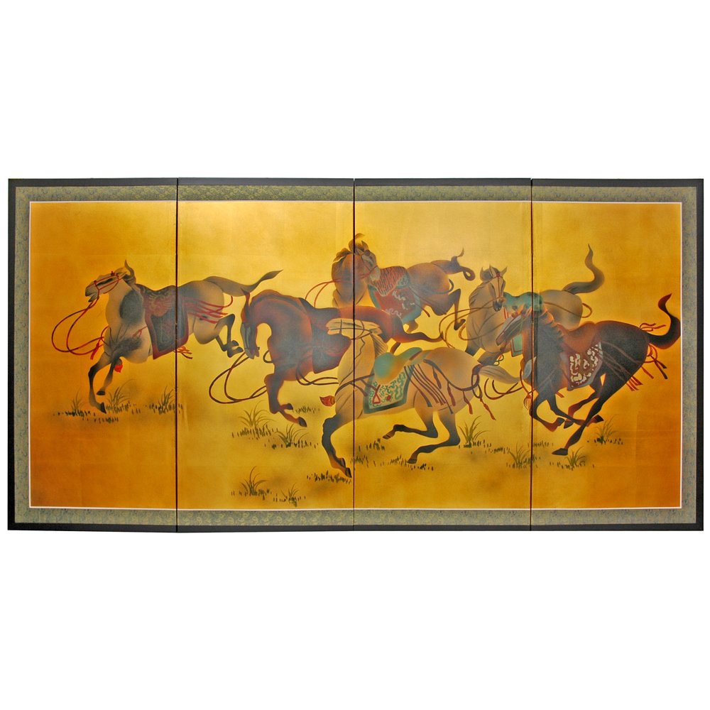 Oriental Furniture Riders in the Storm on Gold Leaf - (36 in. x 72 in.)