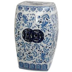 Oriental Furniture 18" Square Floral Blue & White Porcelain Garden Stool