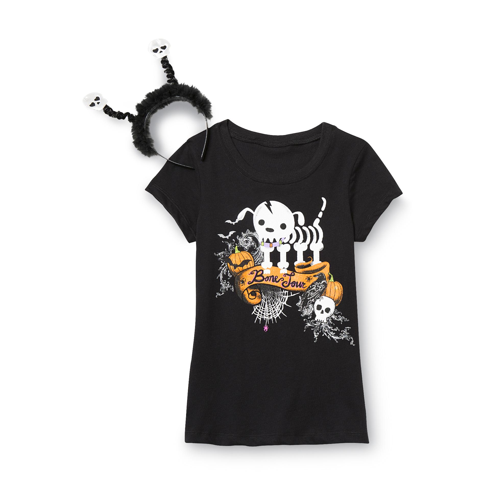Holiday Editions Girl's T-Shirt & Headband - Skeleton Dog