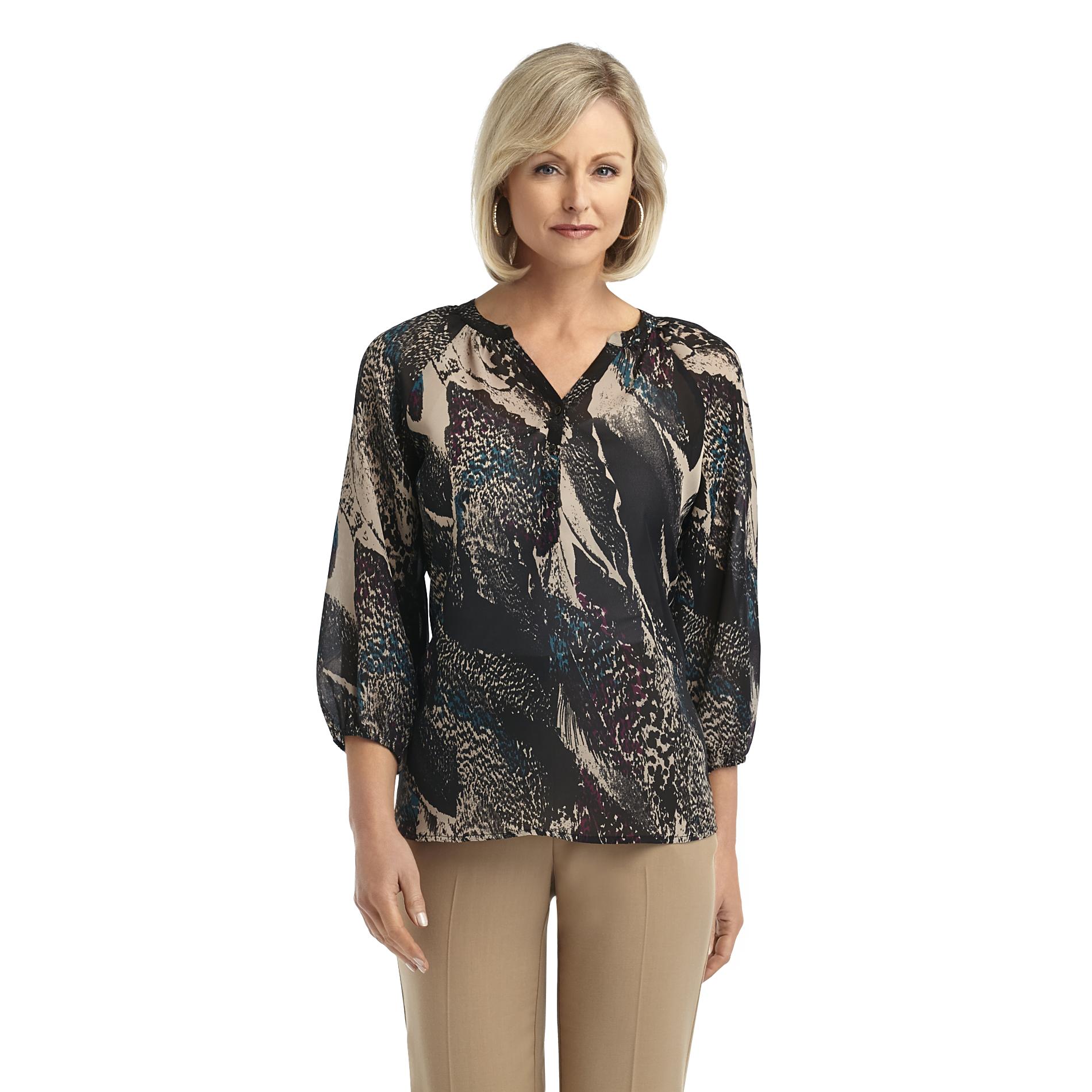 Jaclyn Smith Women's Henley Blouse - Abstract Animal Print