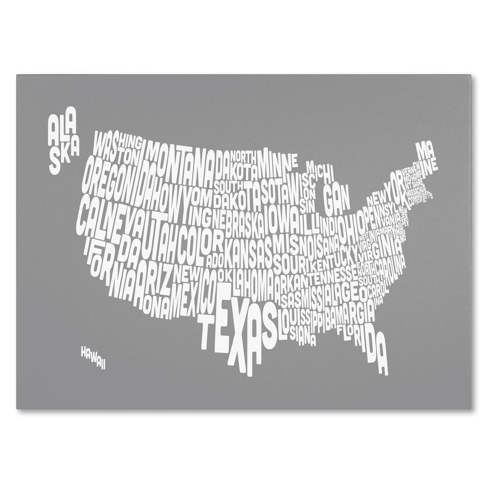 Trademark Global Michael Tompsett 'USA States Text Map - Grey' Canvas Art