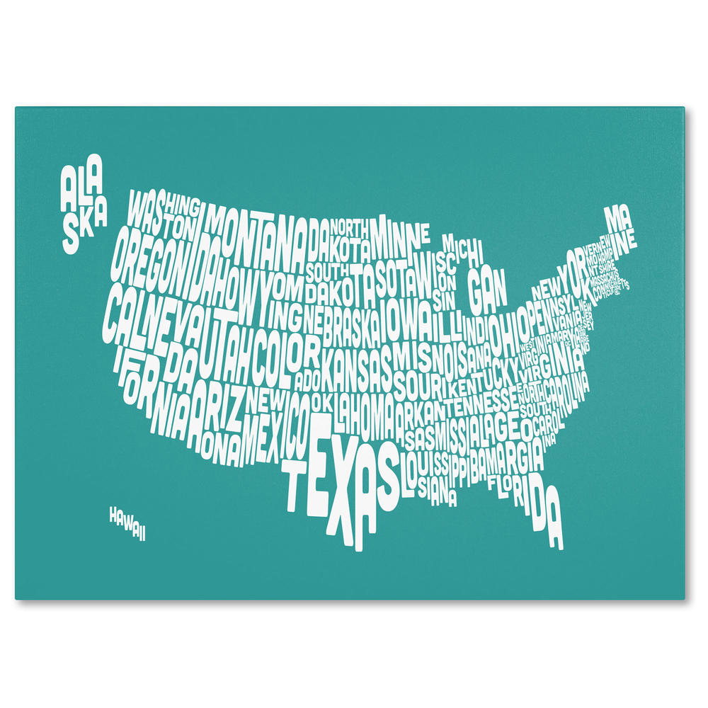 Trademark Global Michael Tompsett 'USA States Text Map - Turquoise' Canvas Art