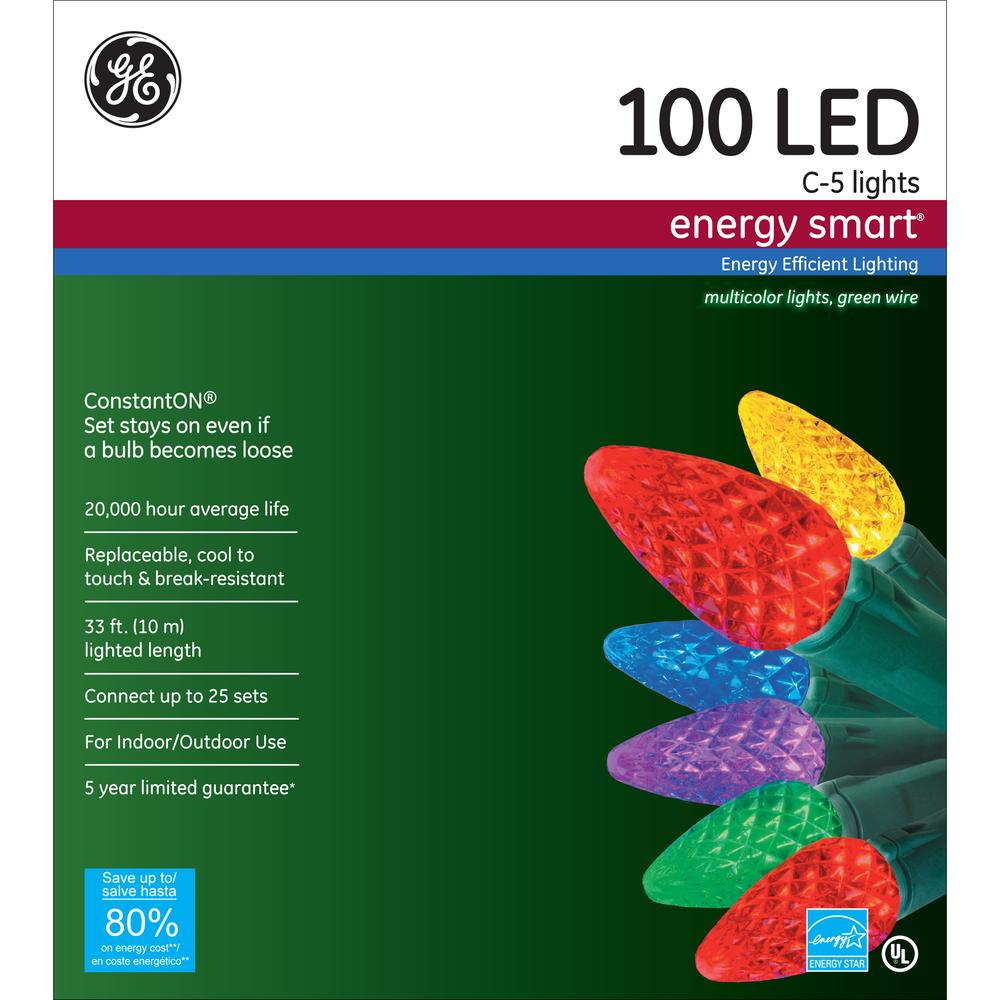 GE 100 Light Constant-on LED Multicolor C5 Christmas Lights, 2 Pack