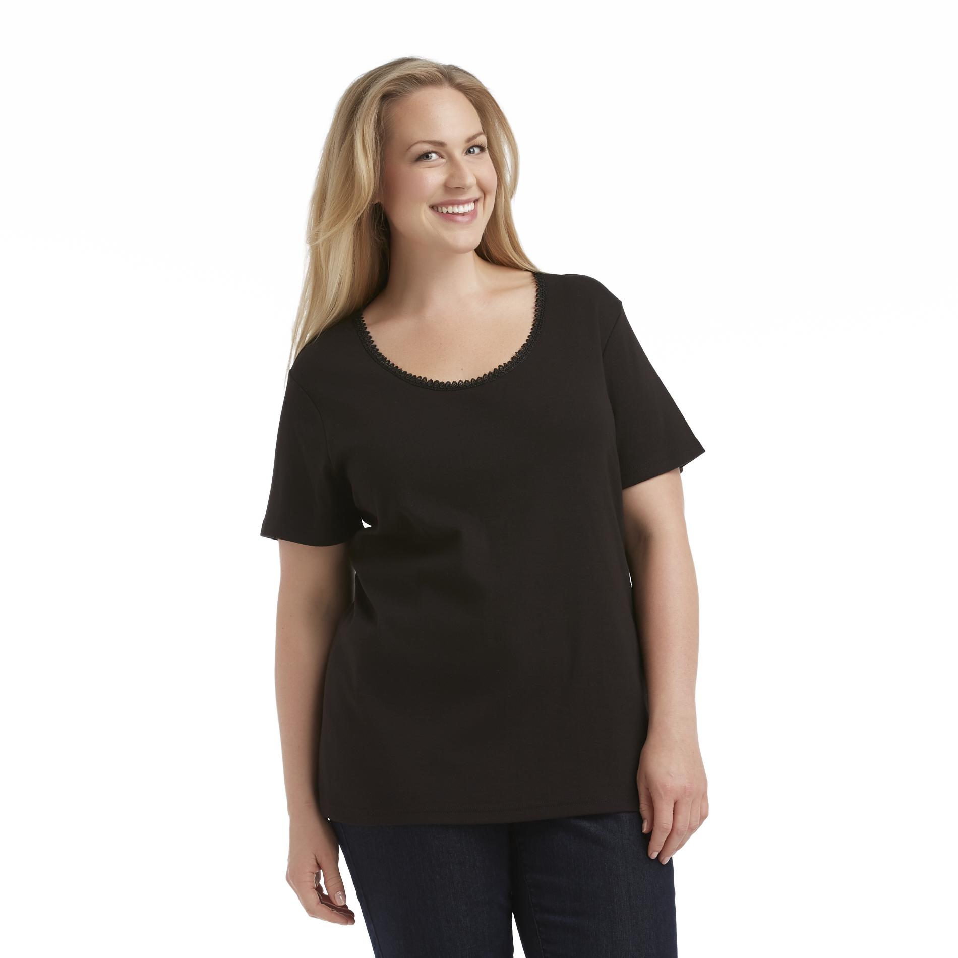 Basic Editions Women's Plus Lace Neck T-Shirt