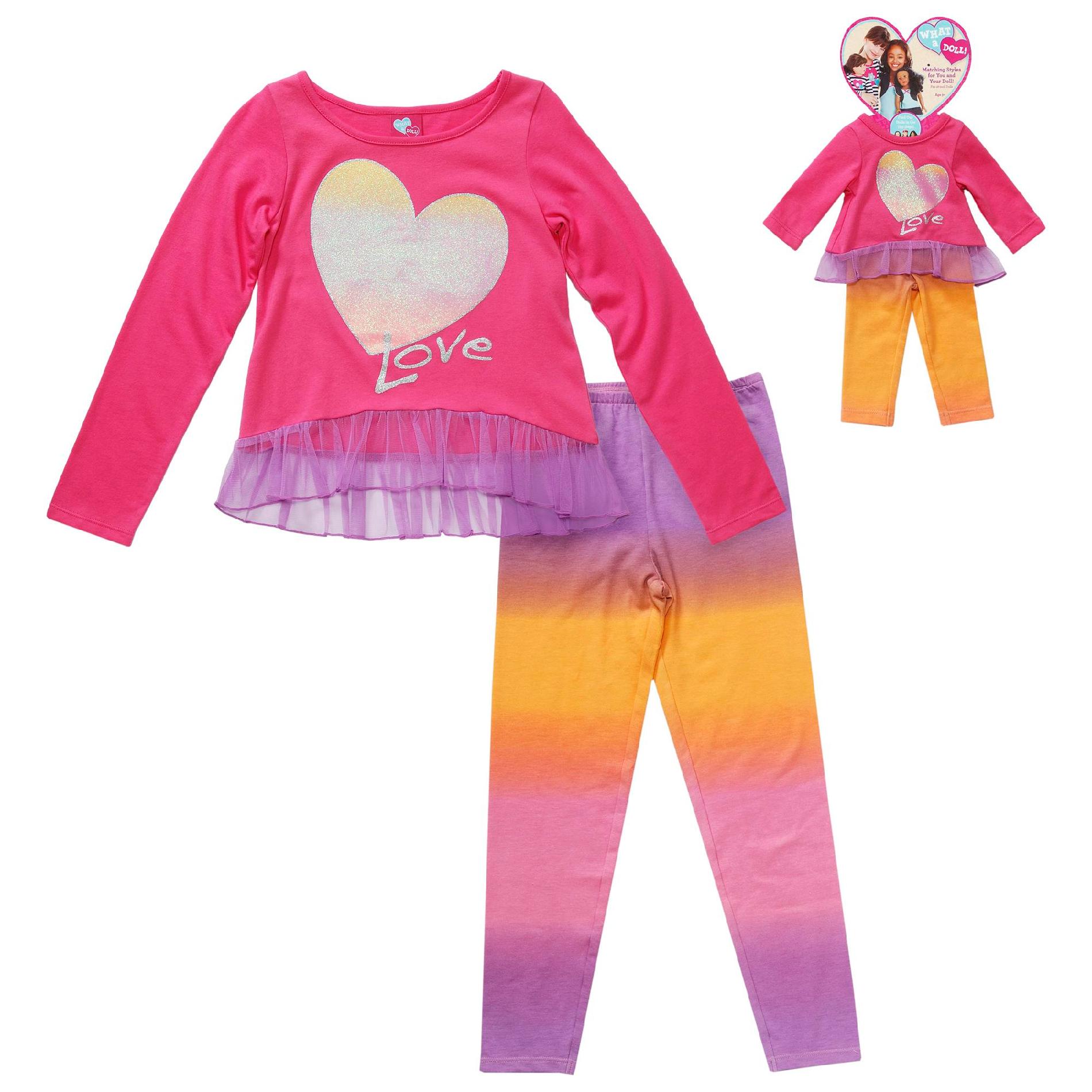 What A Doll Girl's T-Shirt  Leggings & Doll Outfit - Love