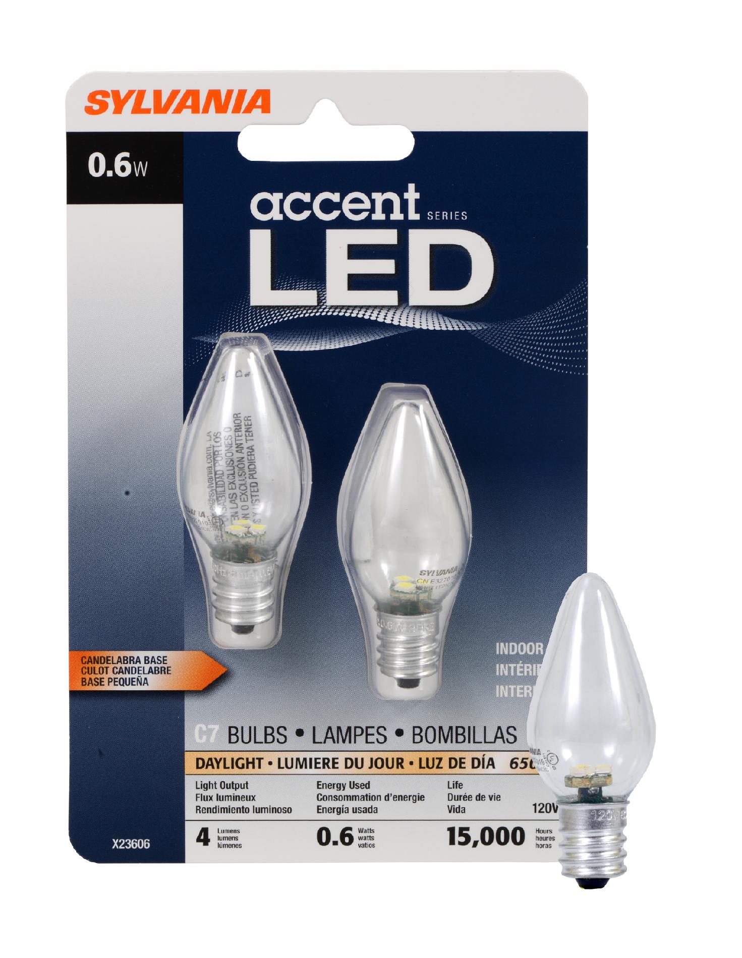 Sylvania LED Accent Daylight Bulb C7-Candelabra Base 120V Light Bulb 0.6W Equivalent 25W - 2 Pack