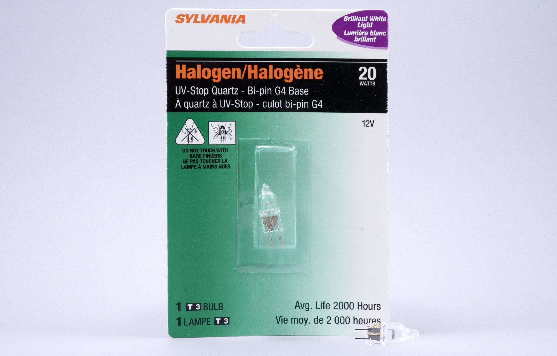 Sylvania Halogen Clear Quartz Lamp T3- Bipin Base 12V Light Bulb 20W - Single Bulb