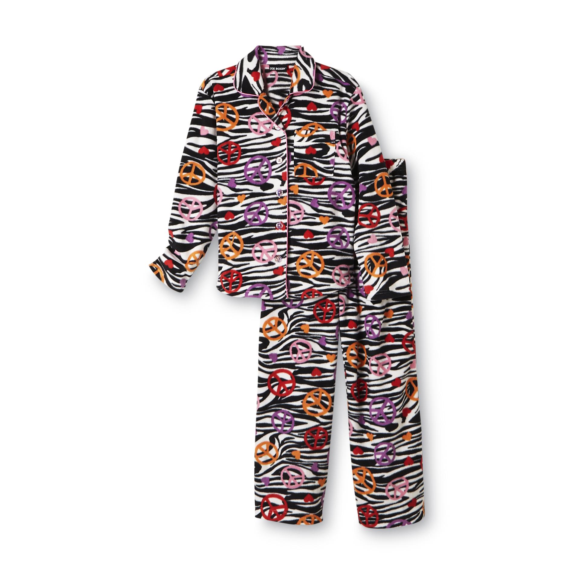 Joe Boxer Girl's Fleece Pajama Set - Animal Print & Peace