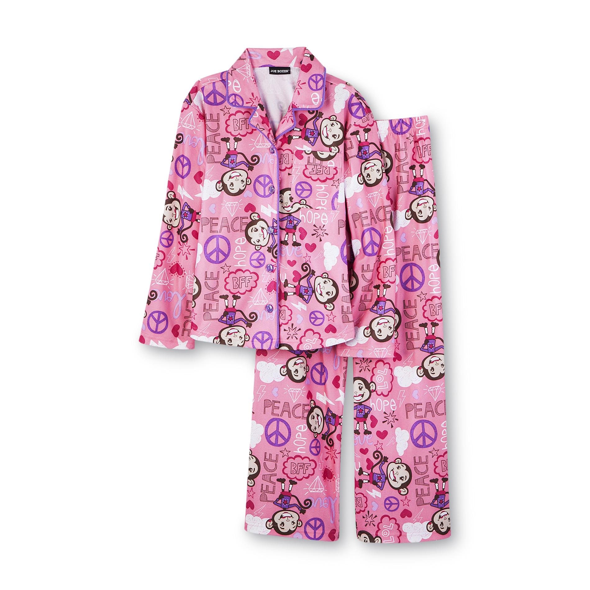 Joe Boxer Girl's Flannel Pajamas - Girlie Monkey & Peace