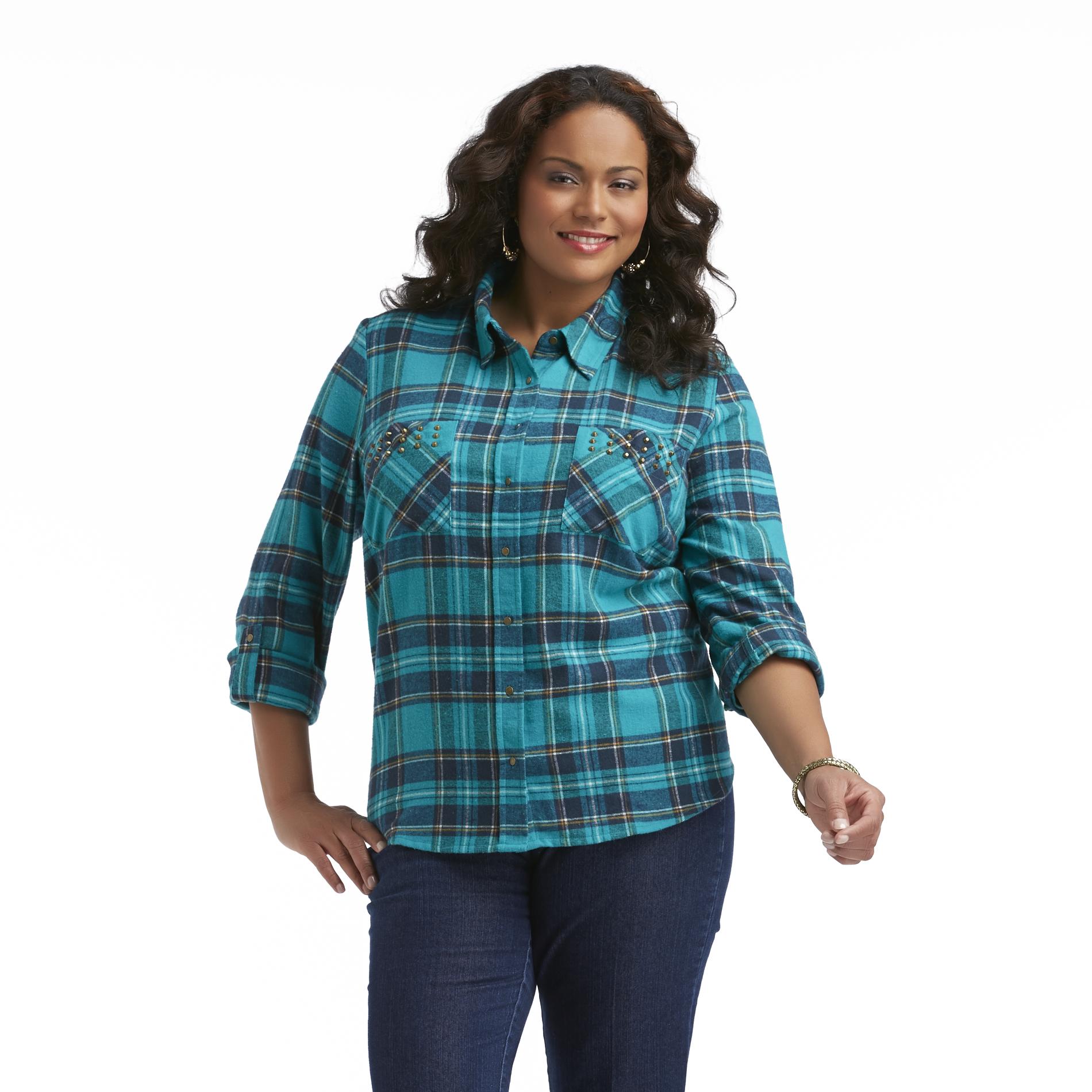 Love Your Style, Love Your Size Women's Plus Studded Flannel Shirt - Plaid