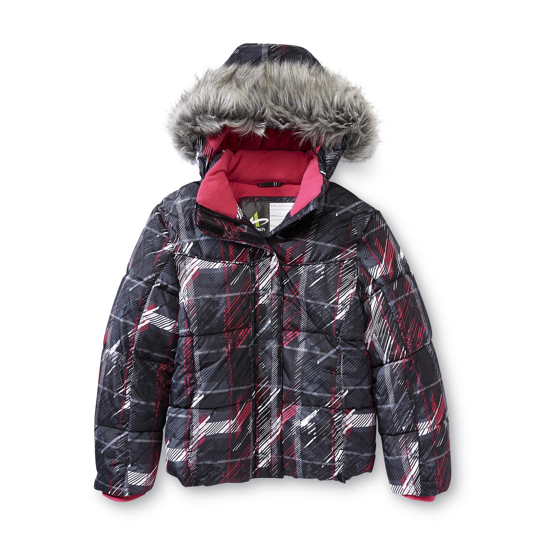 Athletech Girl's Hooded Puffer Jacket - Abstract Plaid