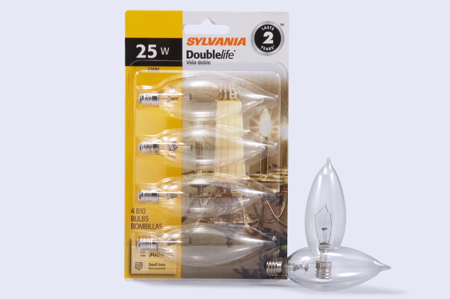 Sylvania Incandescent DOUBLElife Clear Torpedo Tip Decor B10-Candelabra Screw (E12) 120V Light Bulb Light Bulb 25W - 4 Pack