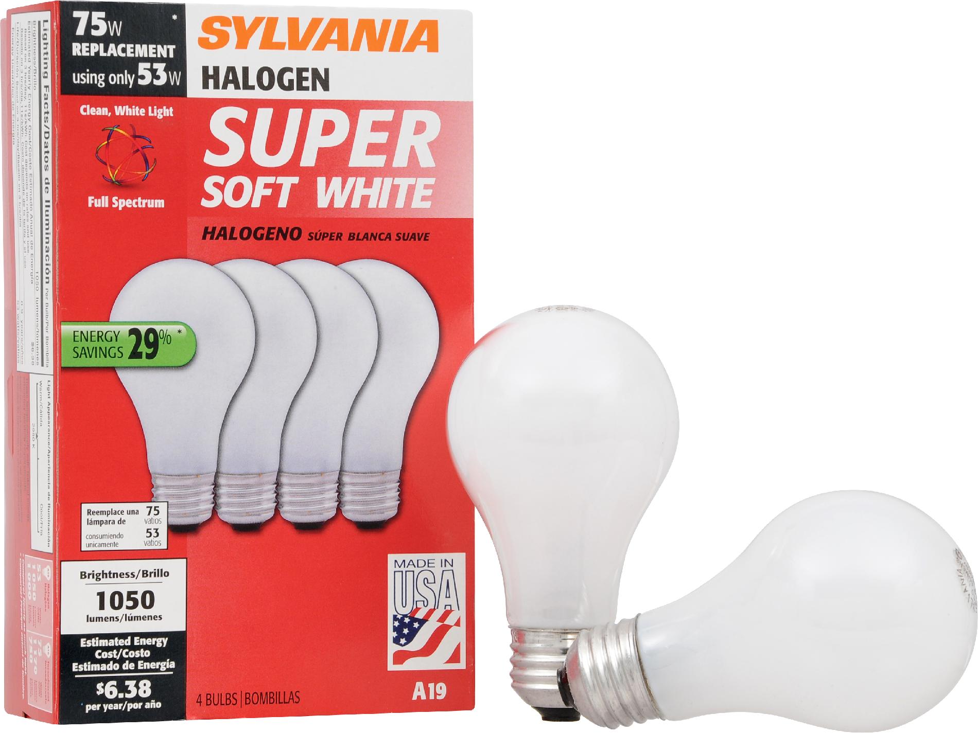 Sylvania Halogen Soft White Lamp A19-Medium Base 120V Light Bulb 53W Equivalent 75W - 4 Pack Sylvania Halogen Soft White Lamp A19-Medium Base 120V Light Bulb 53W Equivalent 75W - 4 Pack