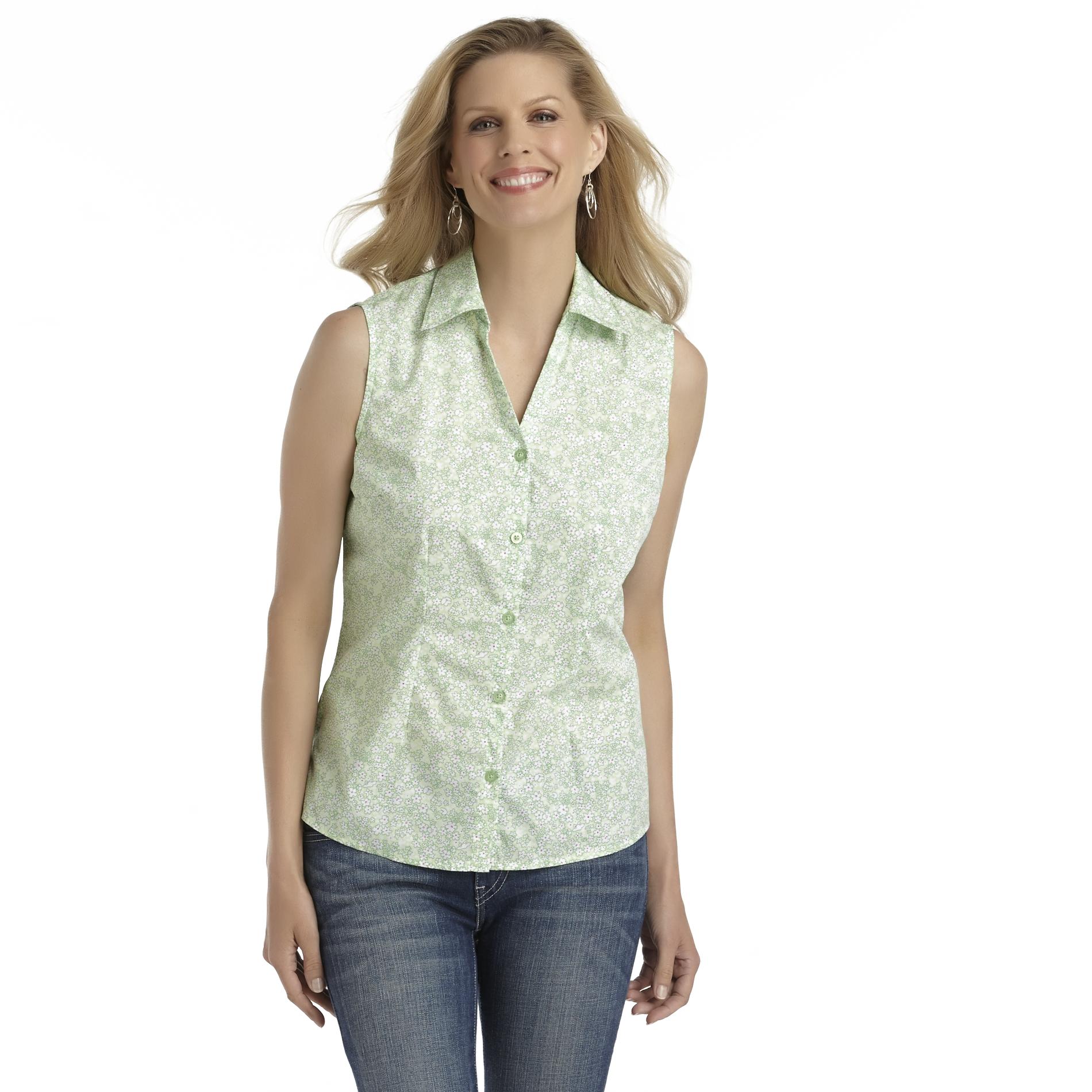 Basic Editions Women's Sleeveless Collared Shirt - Flower