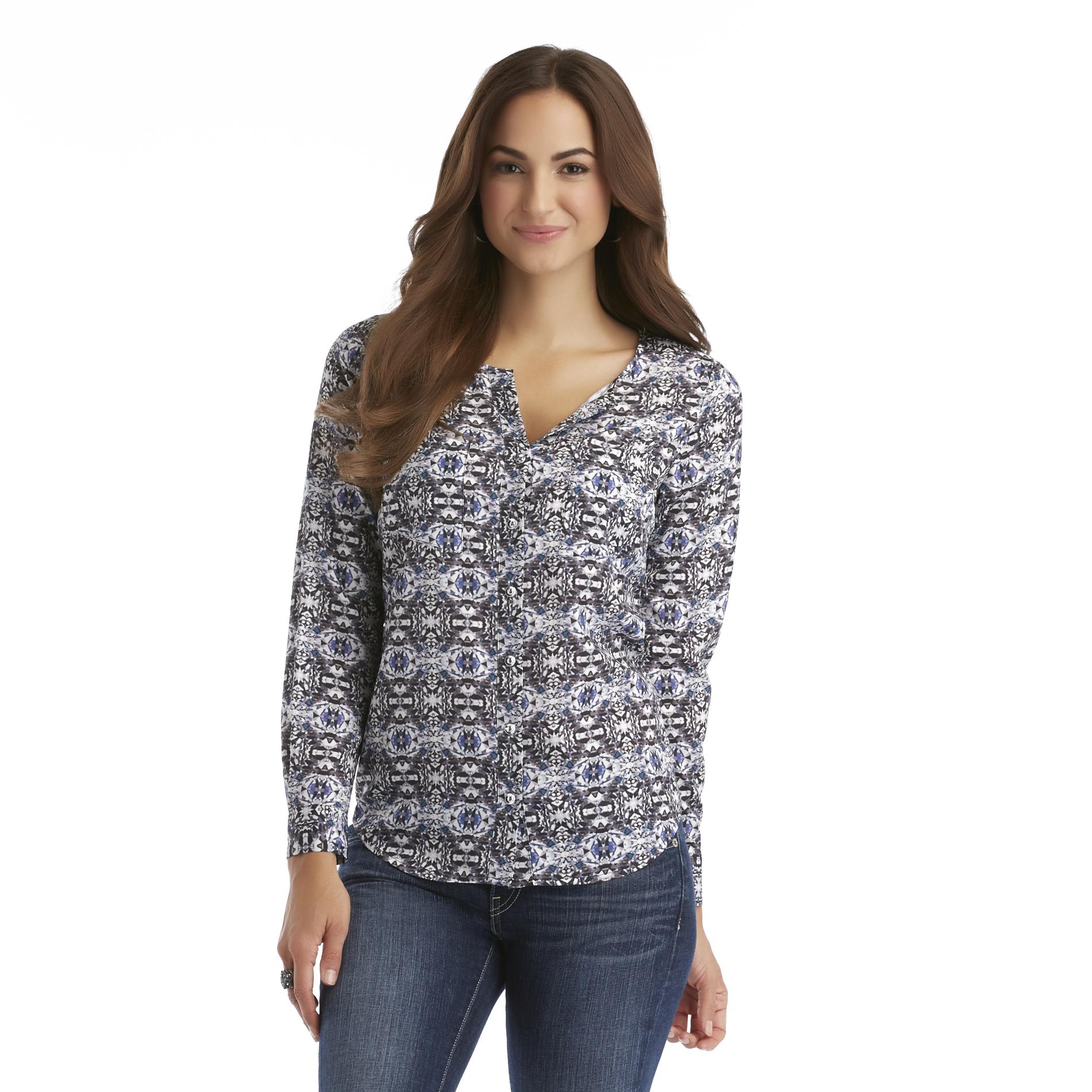 Attention Women's Split-Neck Blouse - Abstract Print