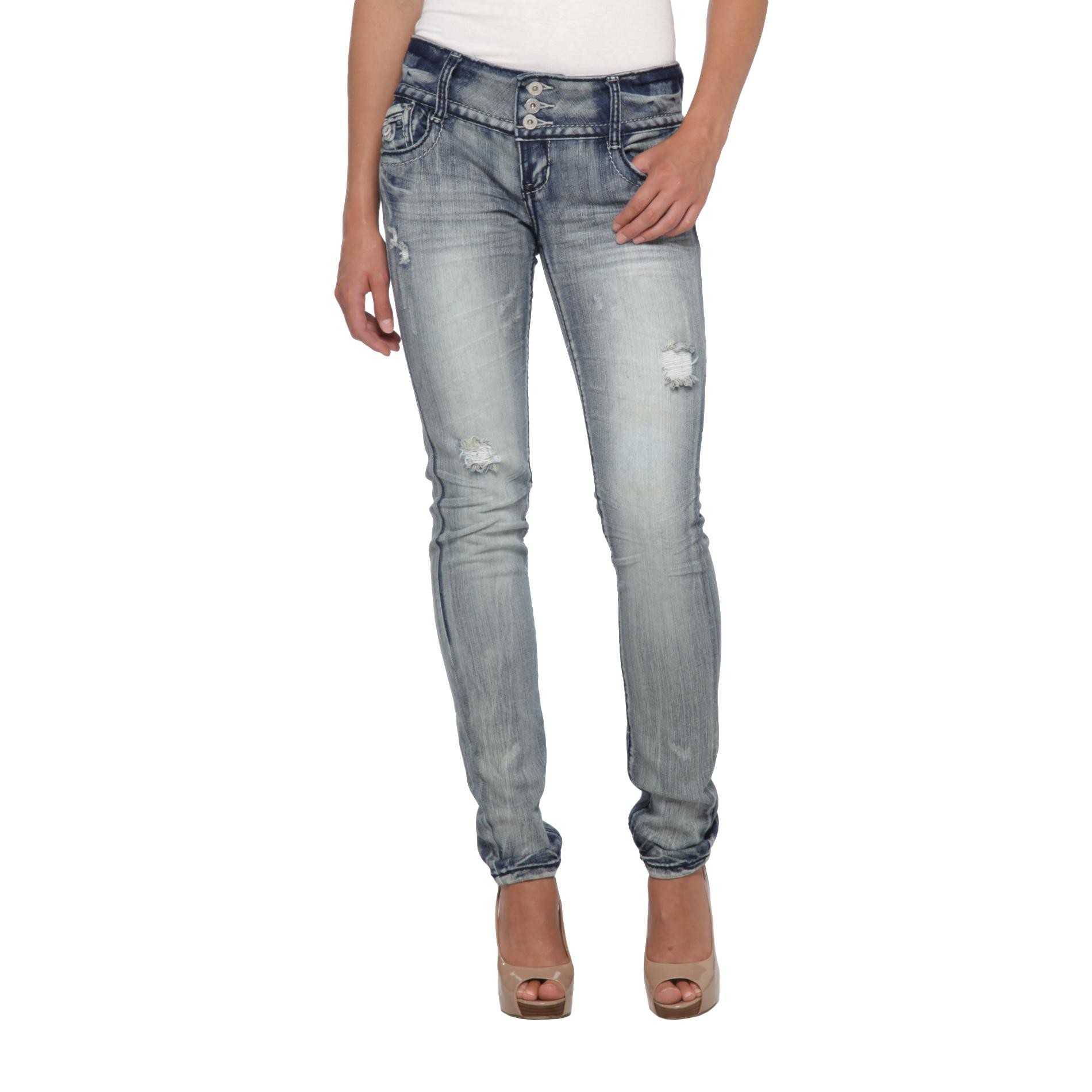 Almost Famous Junior's 3-Button Deconstructed Skinny Jeans