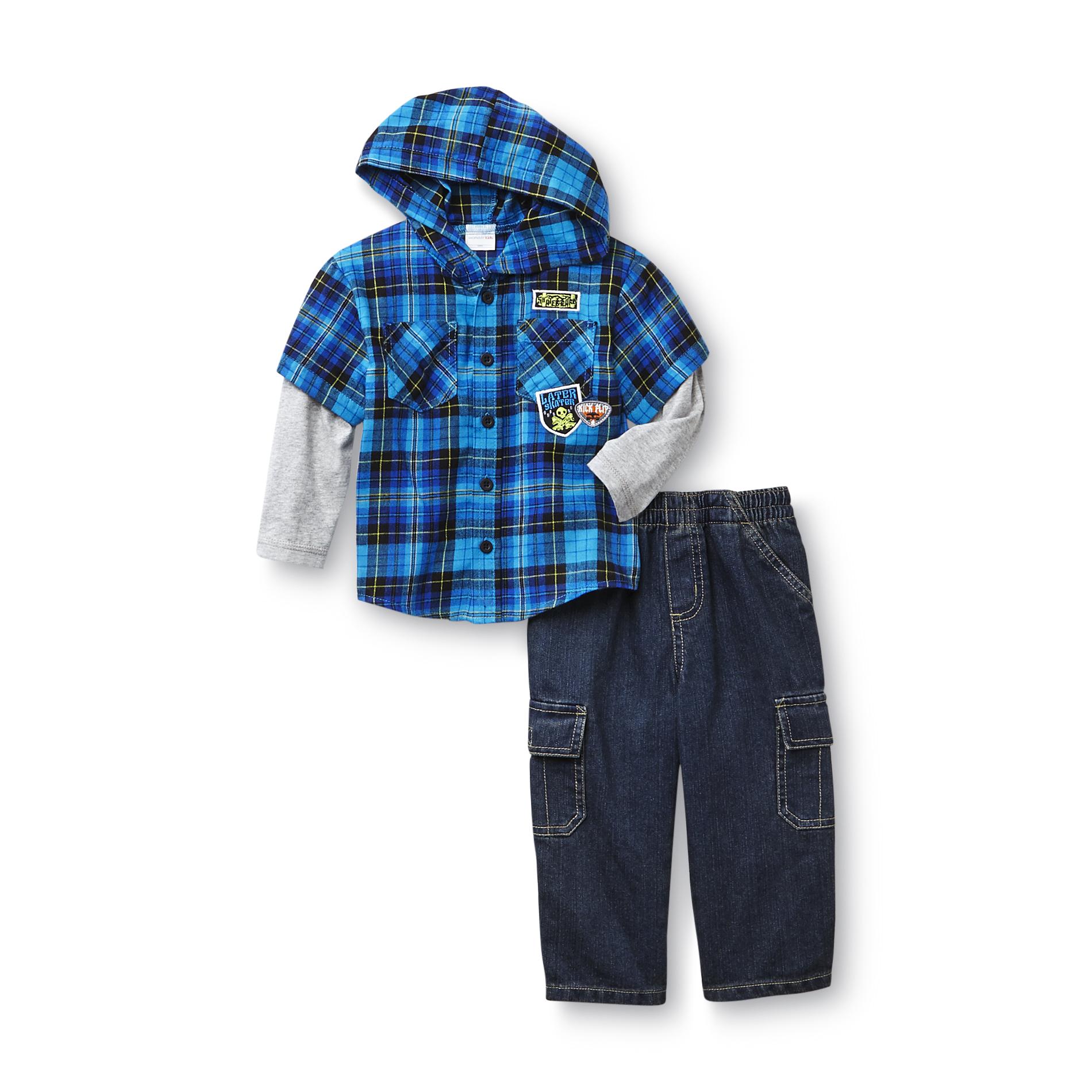 WonderKids Infant & Toddler Boy's Hooded Long-Sleeve Plaid Shirt & Cargo Jeans - Skateboard