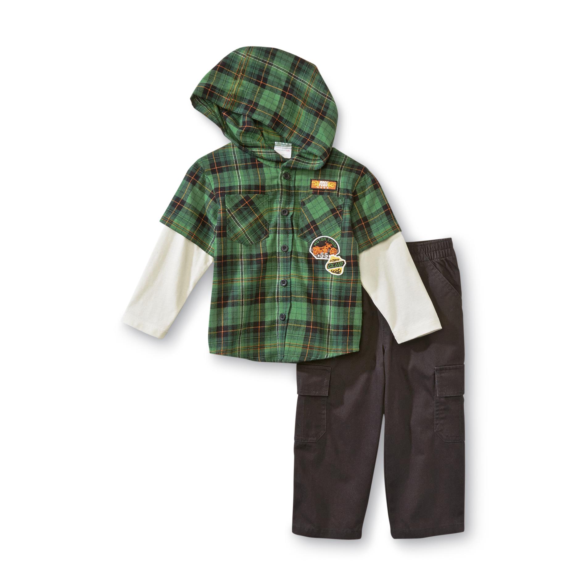 WonderKids Infant & Toddler Boy's Hooded Long-Sleeve Flannel Plaid Shirt & Cargo Pants - Motorcycle