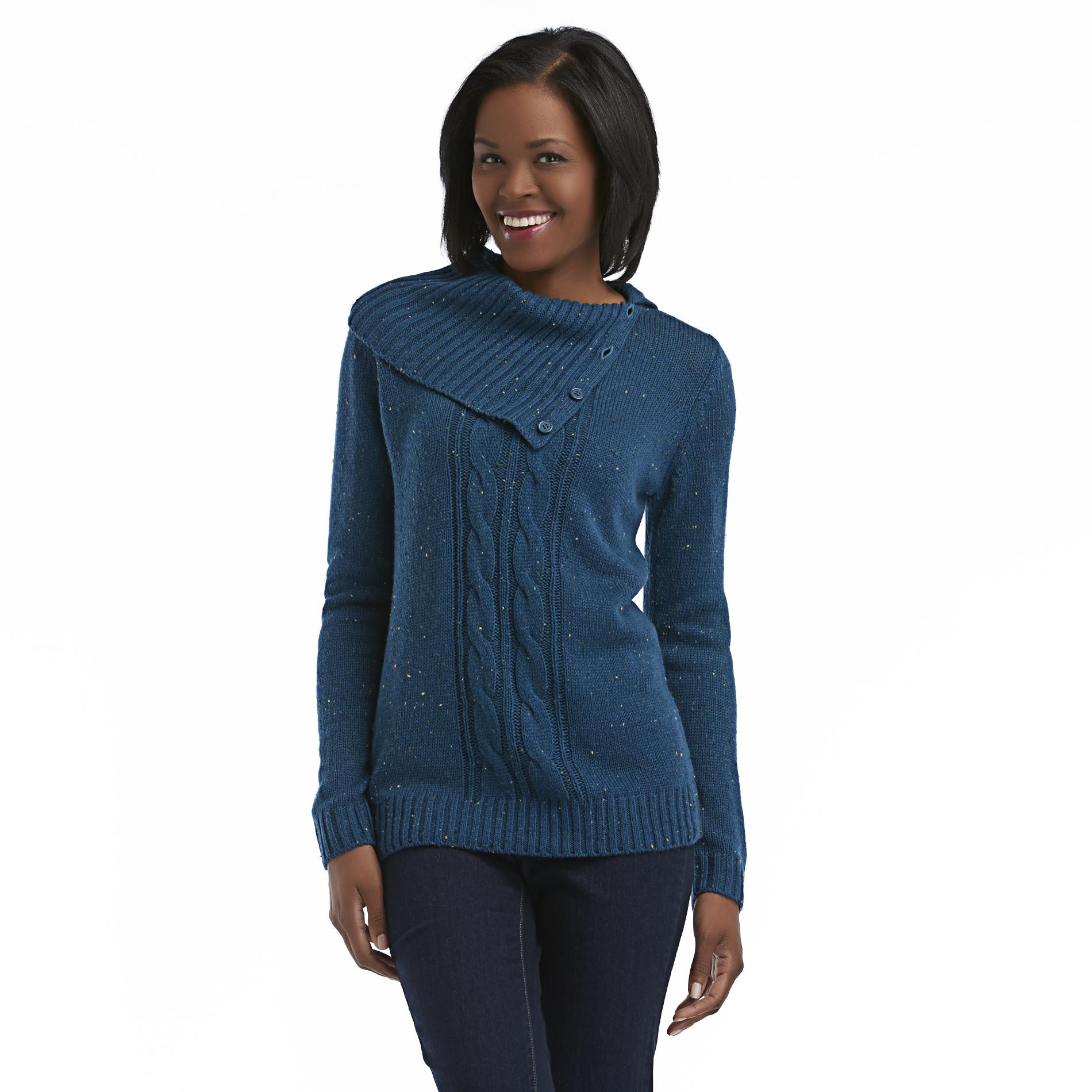 Basic Editions Women's Split Cowl Neck Sweater - Cable Knit