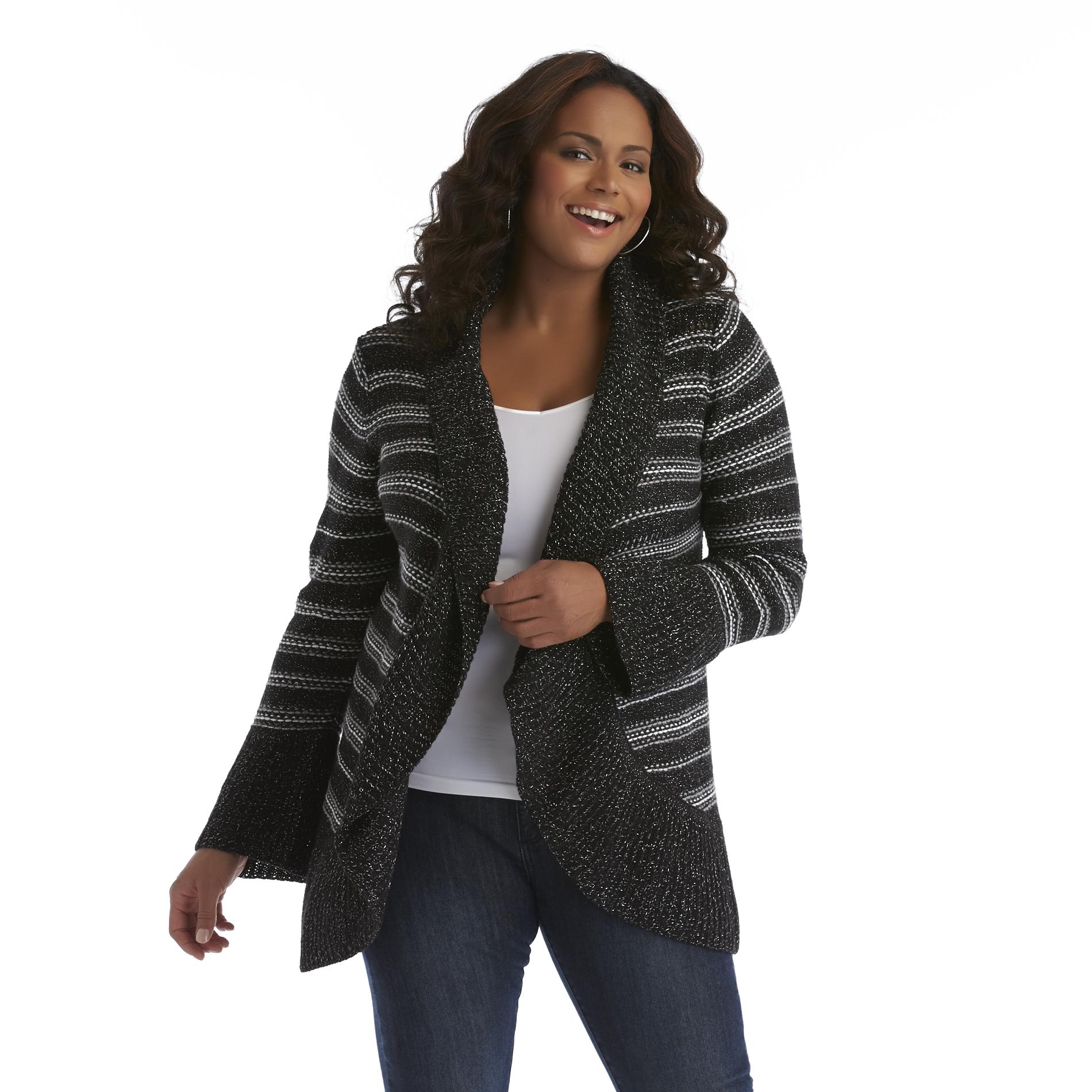 Beverly Drive Women's Plus Open-Front Cardigan - Striped