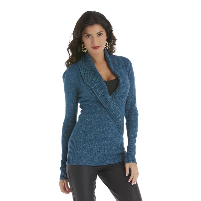 Sofia by Sofia Vergara Women's Faux Wrap Sweater Metallic