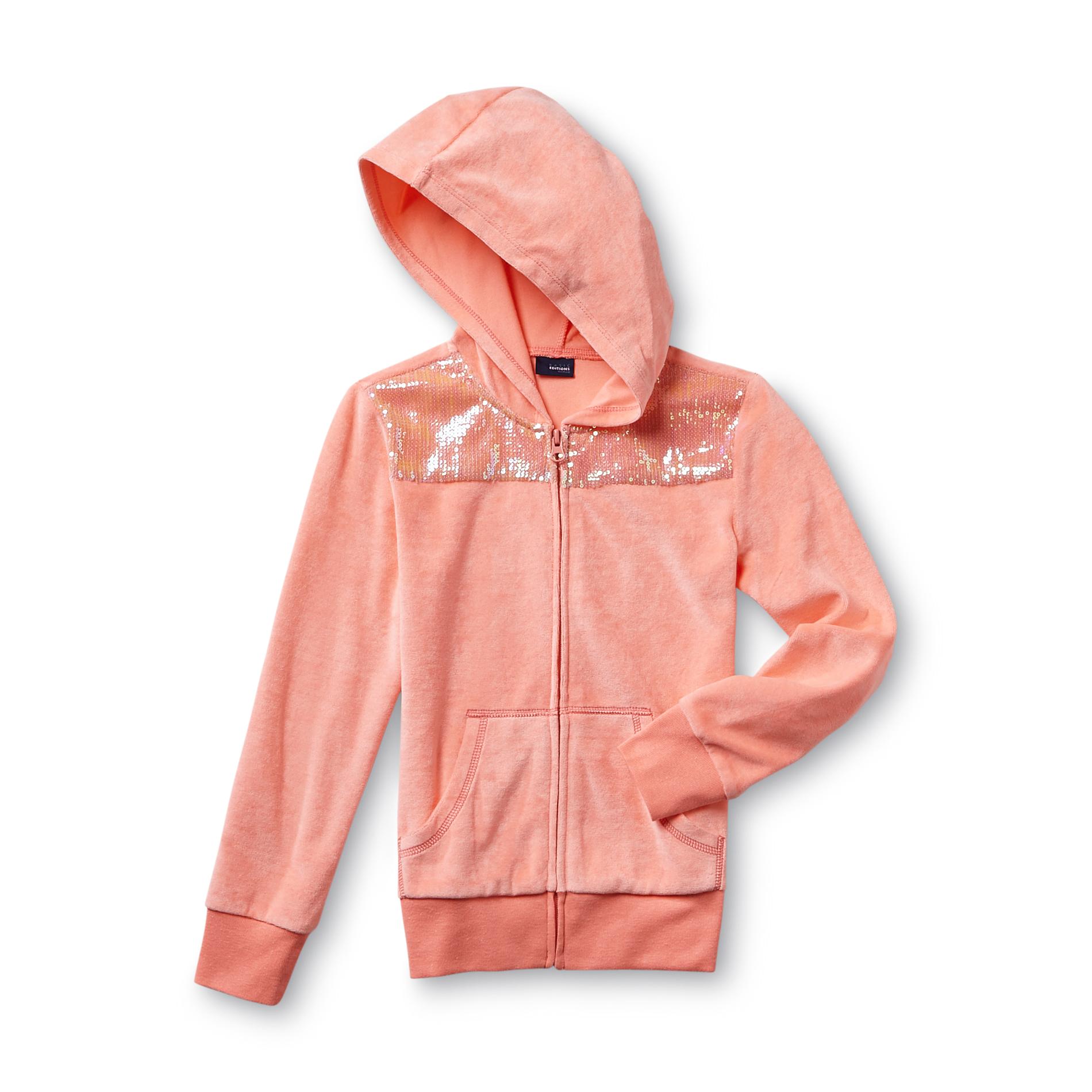 Basic Editions Girl's Neon Velour Hoodie Jacket - Sequins