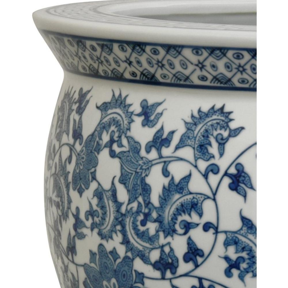 Oriental Furniture 16" Floral Blue & White Porcelain Fishbowl