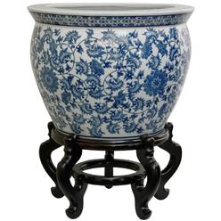 Oriental Furniture 12" Floral Blue & White Porcelain Fishbowl