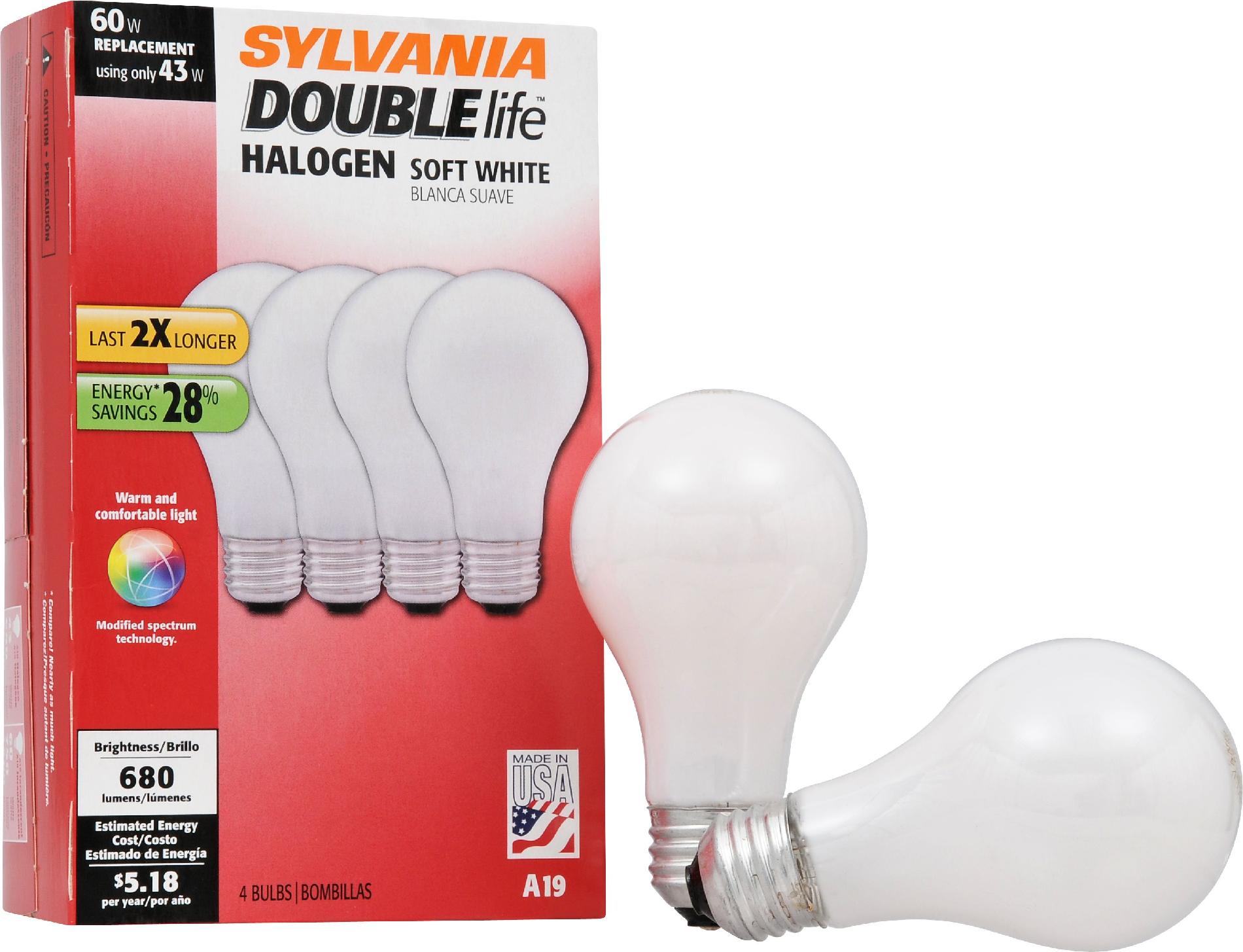 Sylvania Halogen DOUBLElife Soft White Lamp A19-Medium Base 120V Light Bulb 43W Equivalent 60W - 4 Pack Sylvania Halogen DOUBLElife Soft White Lamp A19-Medium Base 120V Light Bulb 43W Equivalent 60W - 4 Pack