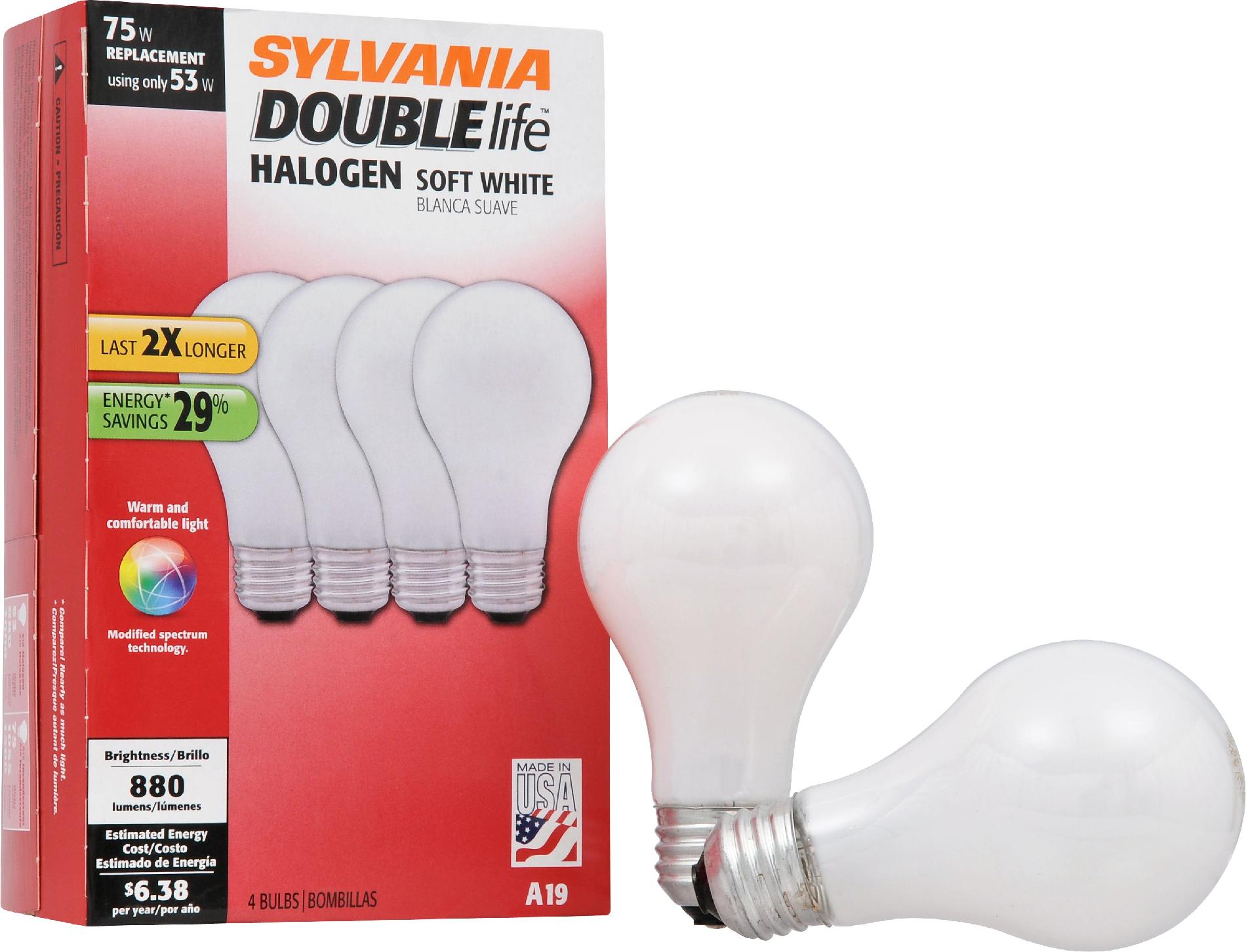 Sylvania Halogen Soft White Lamp A19-Medium Base 120V Light Bulb 53W Equivalent 75W DOUBLElife - 4 Pack Sylvania Halogen Soft White Lamp A19-Medium Base 120V Light Bulb 53W Equivalent 75W DOUBLElife - 4 Pack