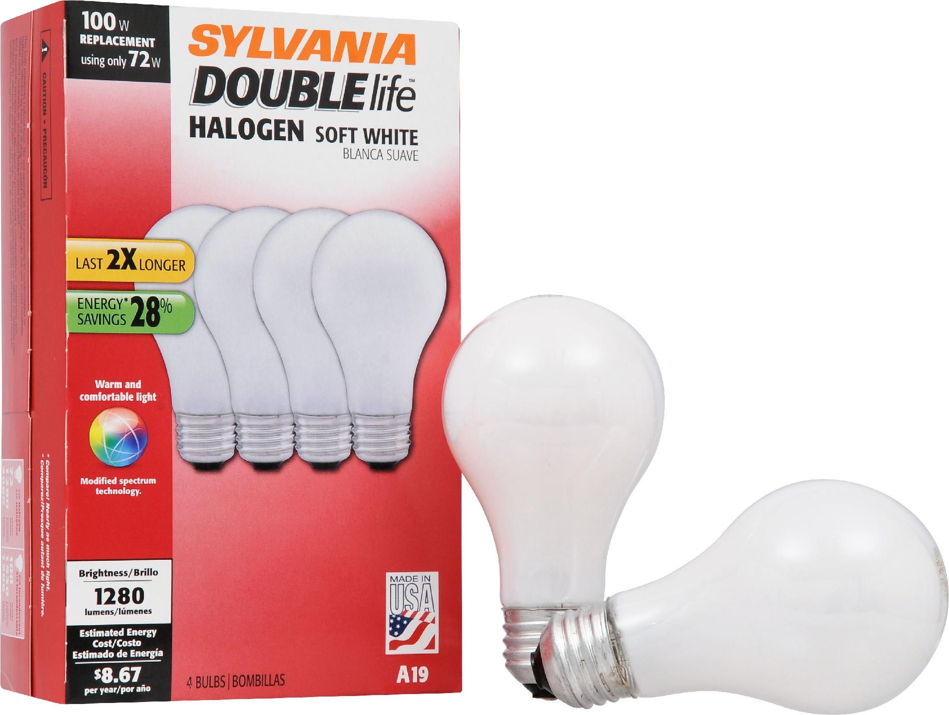 Sylvania Halogen Soft White Lamp A19-Medium Base 120V Light Bulb 72W Equivalent 100W DOUBLElife - 4 Pack Sylvania Halogen Soft White Lamp A19-Medium Base 120V Light Bulb 72W Equivalent 100W DOUBLElife - 4 Pack