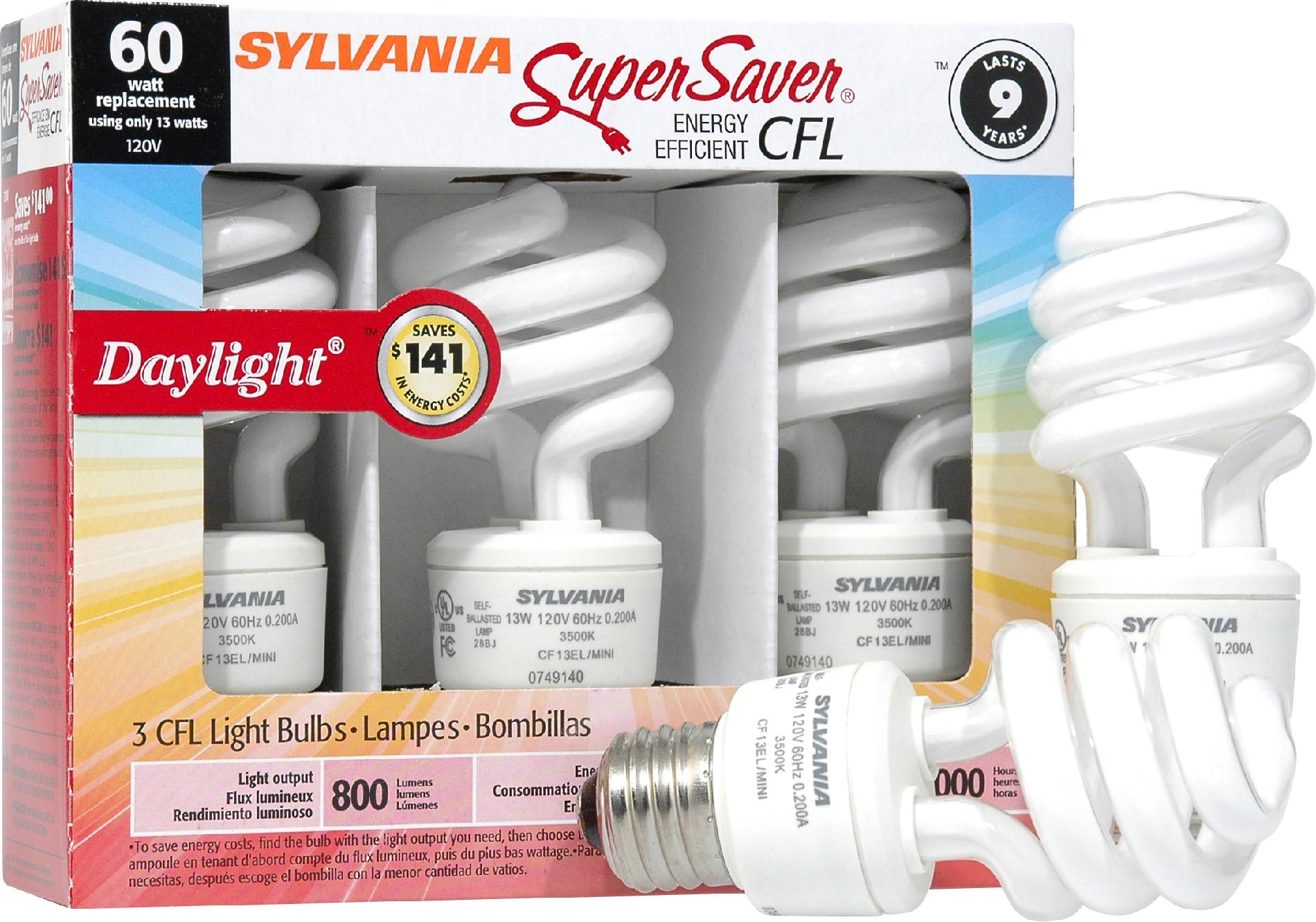 Sylvania Fluorescent Daylight Twist Tube Lamp Mini-Medium Base 120V Light Bulb 13W Equivalent 60W - 3 Pack