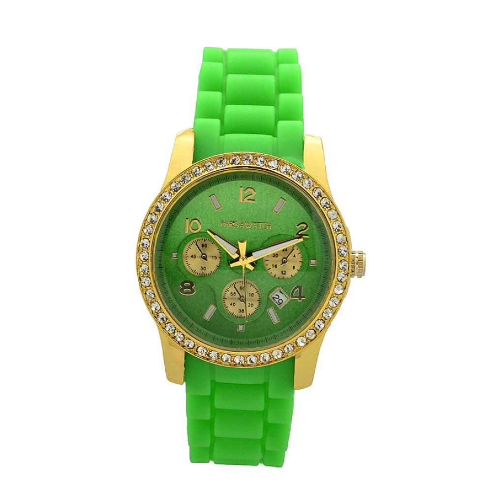 ParisWatch.com 18K Gold Overlay 1Ct Diamond manmade Woman in Green Silicone Calendar Quartz Date Designed in France