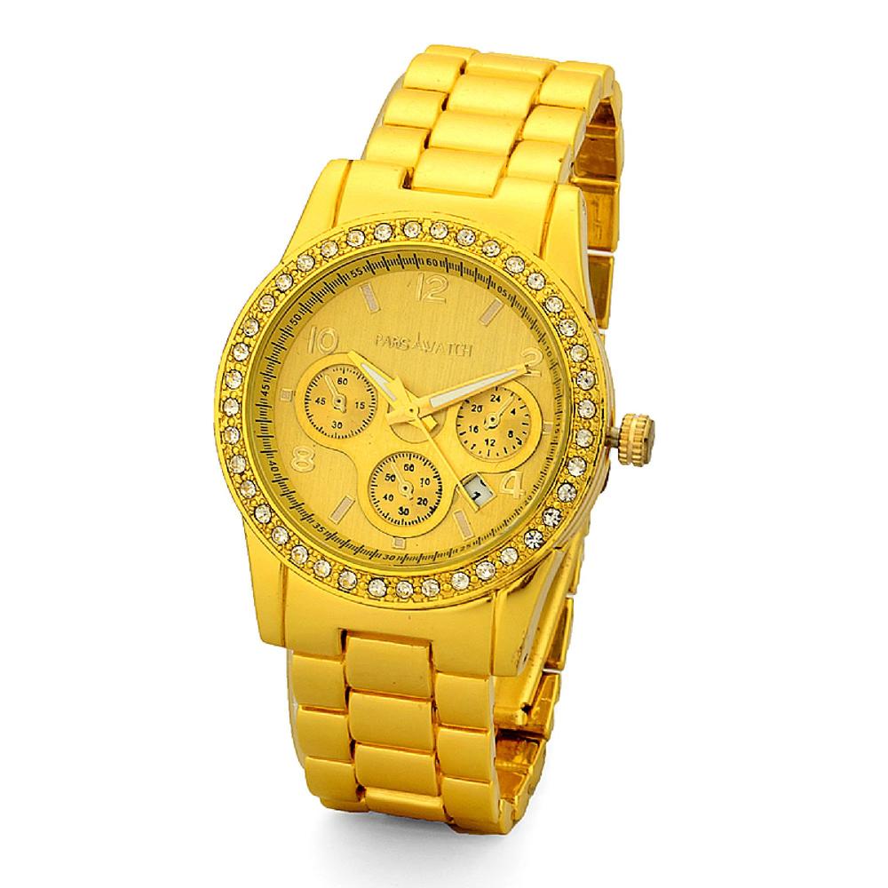 ParisWatch.com 2 Colors Special Collections 18K Gold over Stainless Steel 1Carat Diamond manmade Quartz Calendar Date Unisex Designed in France