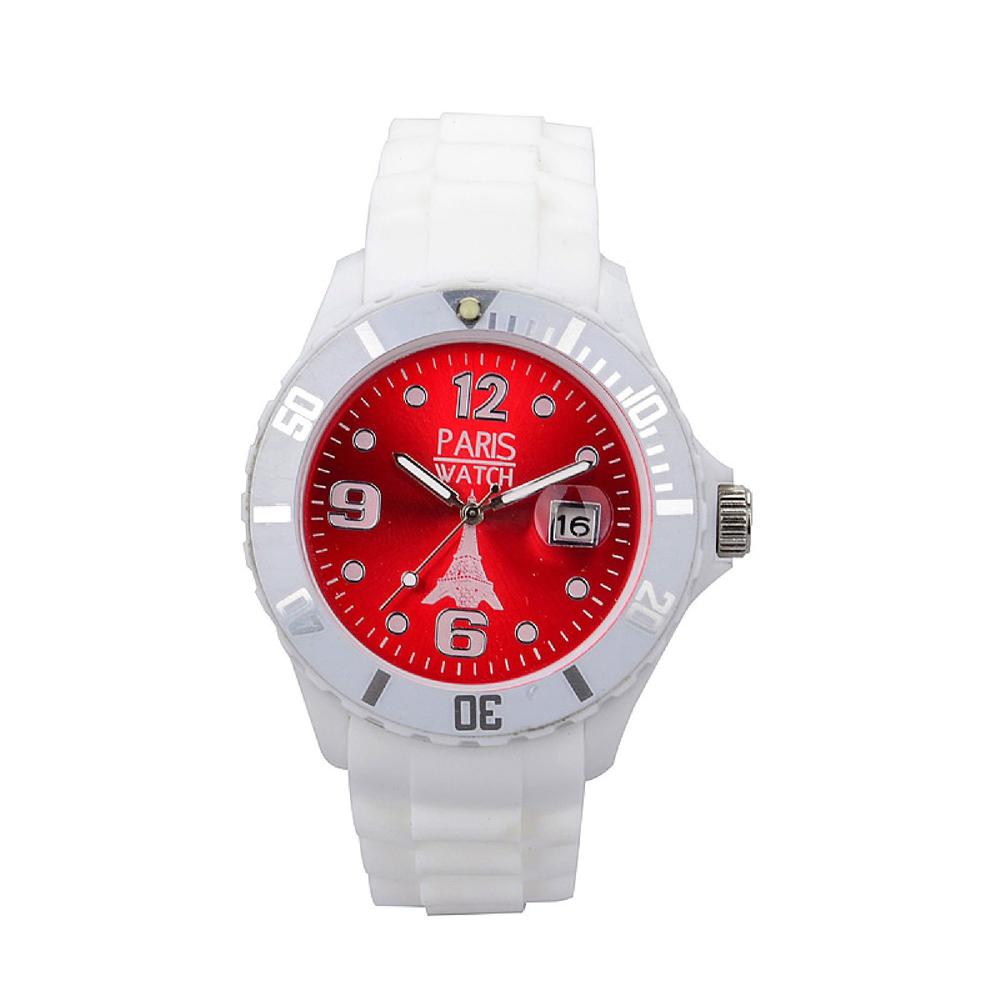 ParisWatch.com Men Silicone Quartz Calendar Date White and Red Dial Watch Designed in France Fashion