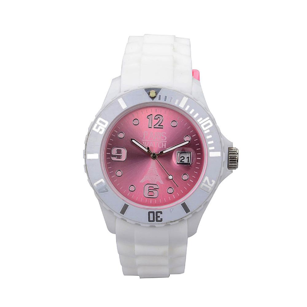 ParisWatch.com Woman Silicone Quartz Calendar Date White and Light Rose Dial Watch Designed in France Fashion