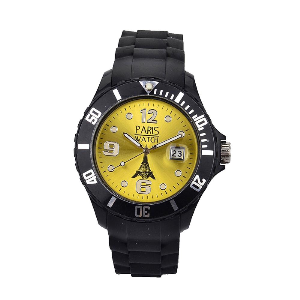 ParisWatch.com Woman Silicone Quartz Calendar Date Black and Yellow Dial Watch Designed in France Fashion