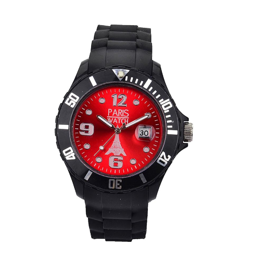 ParisWatch.com Woman Silicone Quartz Calendar Date Black and Red Dial Watch Designed in France Fashion