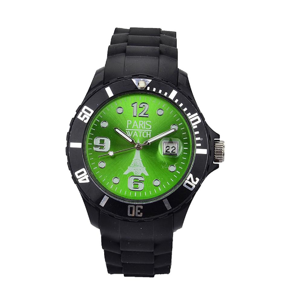 ParisWatch.com Men Silicone Quartz Calendar Date Black and Green Dial Watch Designed in France Fashion