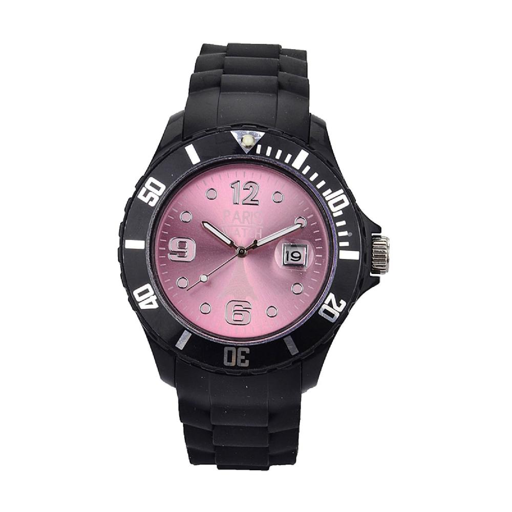 ParisWatch.com Men Silicone Quartz Calendar Date Black and Light Rose Dial Watch Designed in France Fashion