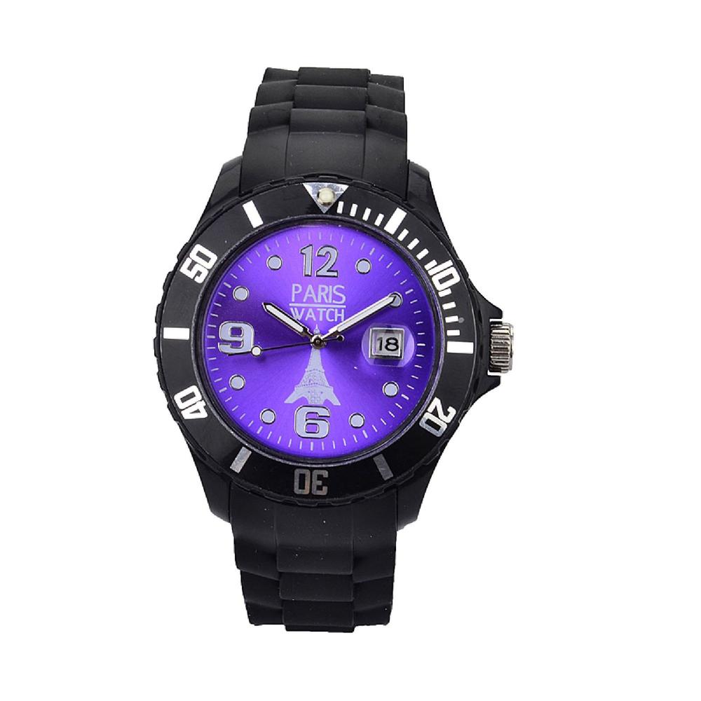 ParisWatch.com Woman Silicone Quartz Calendar Date Black and Purple Dial Watch Designed in France Fashion