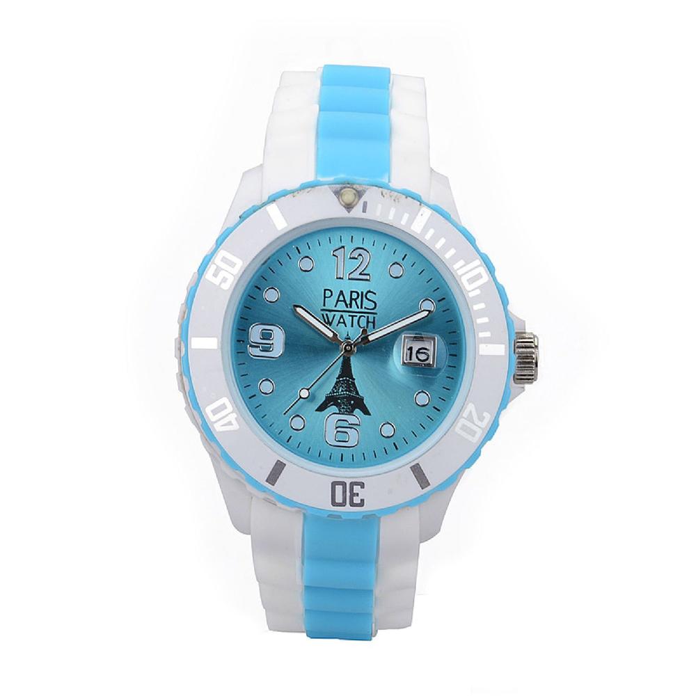 ParisWatch.com Woman Silicone Quartz Calendar Date White and Multicolor Light Blue Dial Watch Designed in France Fashion